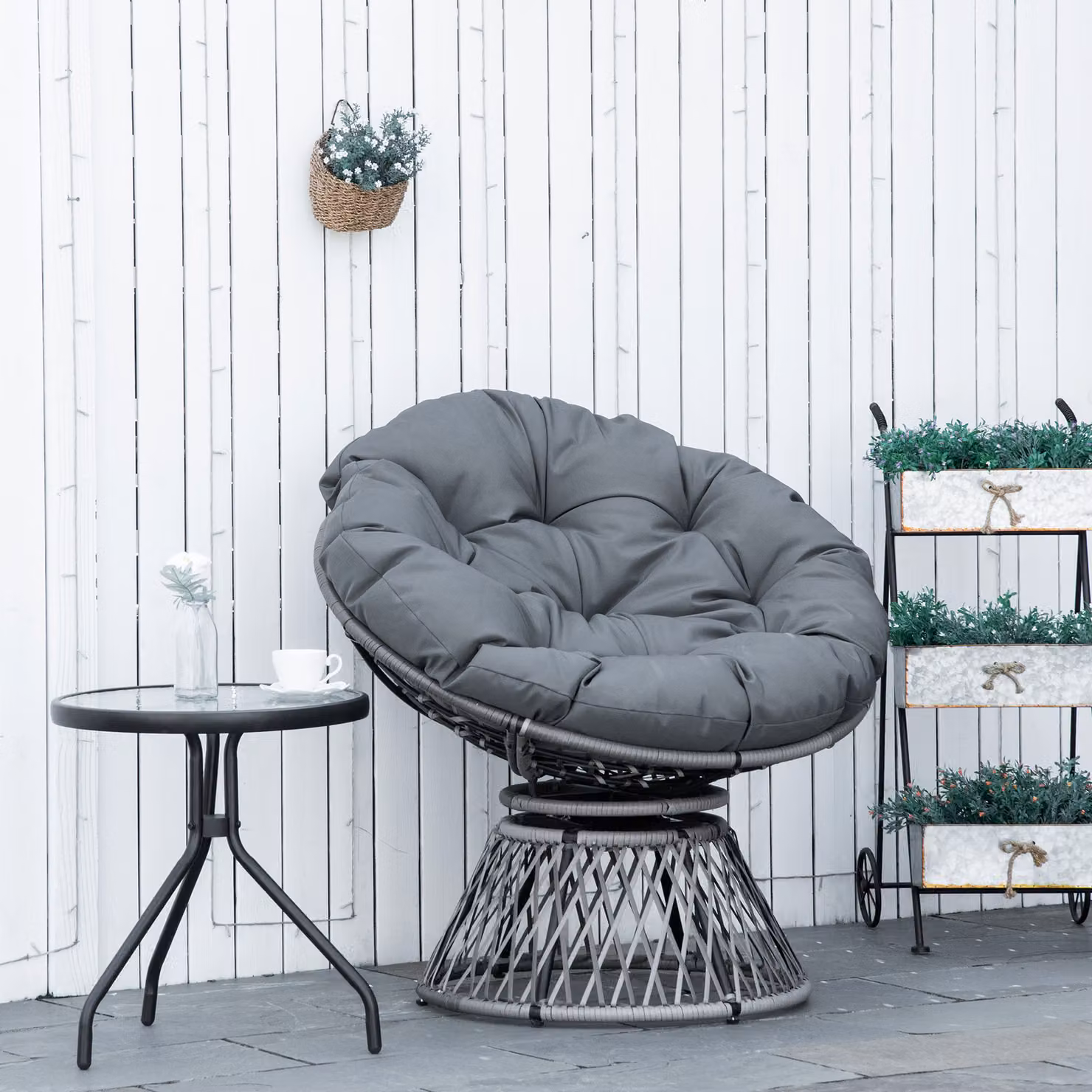 Outsunny 360 Degree Swivel Rattan Papasan Moon Bowl Chair with Padded Cushion in Grey – 2