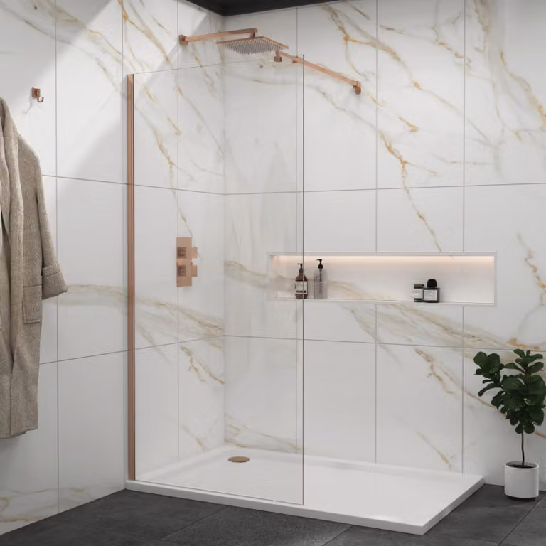 Royal Bathrooms Marbella Walk in Wet Room Shower Screen, Brushed Bronze, 8mm Easy Clean Glass, W: 50 cm, H: 185 cm