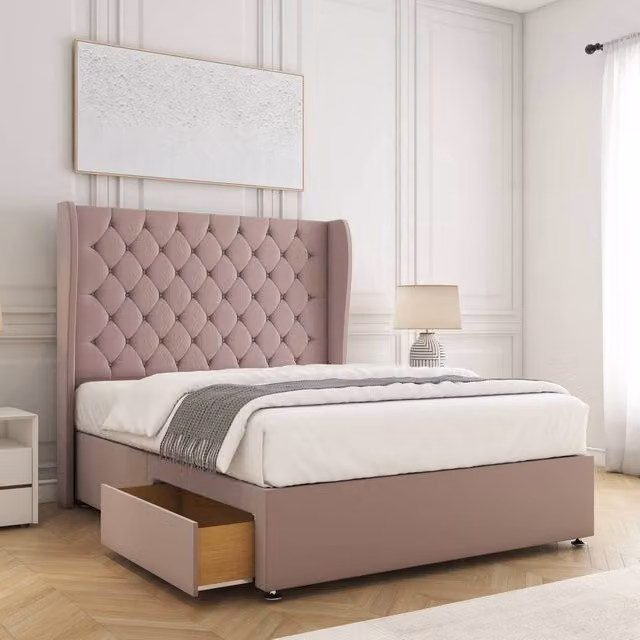 BSSPOKE Amelia Double Divan Bed Set with 2 Drawers, 54 inch Headboard and Mattress in Pink Plush Velvet, W/D/H: 140 x 200 cm