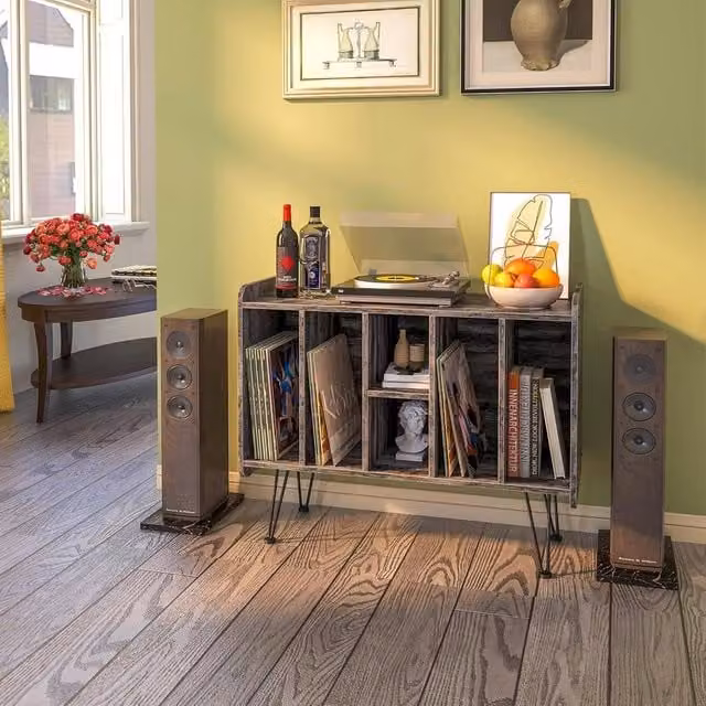 Huhote 3 Tier Vinyl Record Player Stand Storage Cabinet End Side Table in Grey – 1