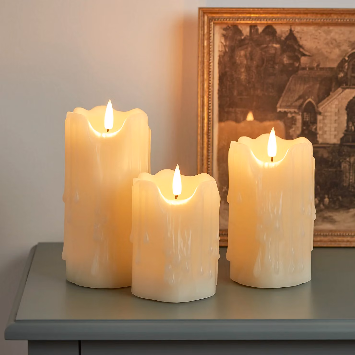 TruGlow® Heavy Dripping Wax LED Pillar Candle Trio in White with Remote Control and Timer