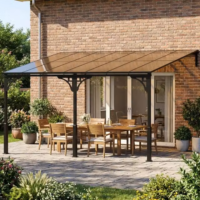 Outsunny Brown Metal Lean-to Pent Pergola with Polycarbonate Roof W: 4 m, D: 3 m