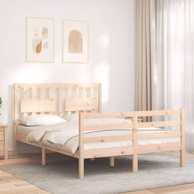 Berkfield Home Beautiful Small Double Solid Wood Bed Frame with Headboard in Beige
