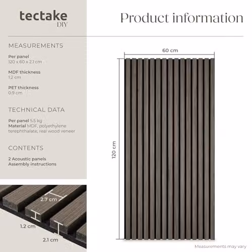 tectake Set of 2 Sound-Absorbing Acoustic Wall Panels with Wood Look and MDF, Grey, W: 120 cm, D: 60 cm, H: 2.1 cm – 6