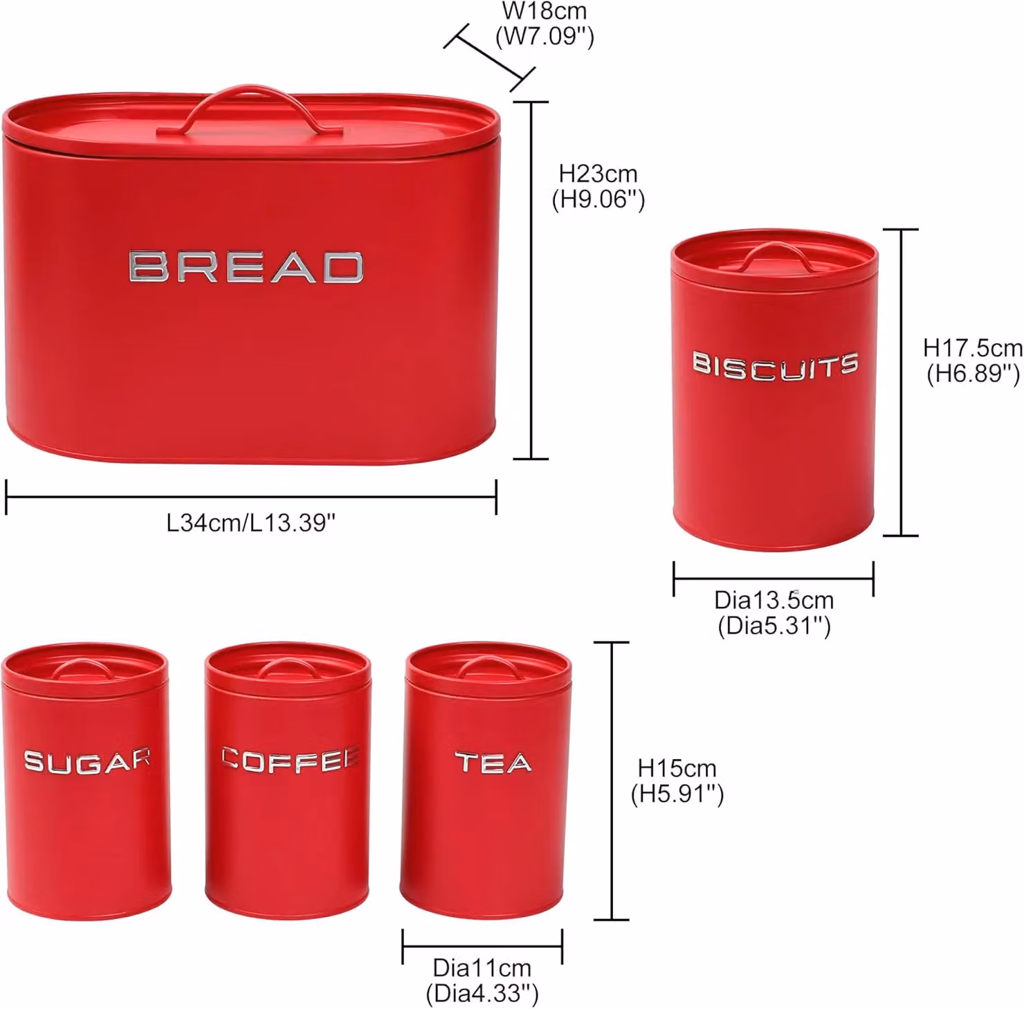Simpa 5-Piece Matte Red Metal Kitchen Storage Set Including Bread Bin, Biscuit Tin and Canisters – 4