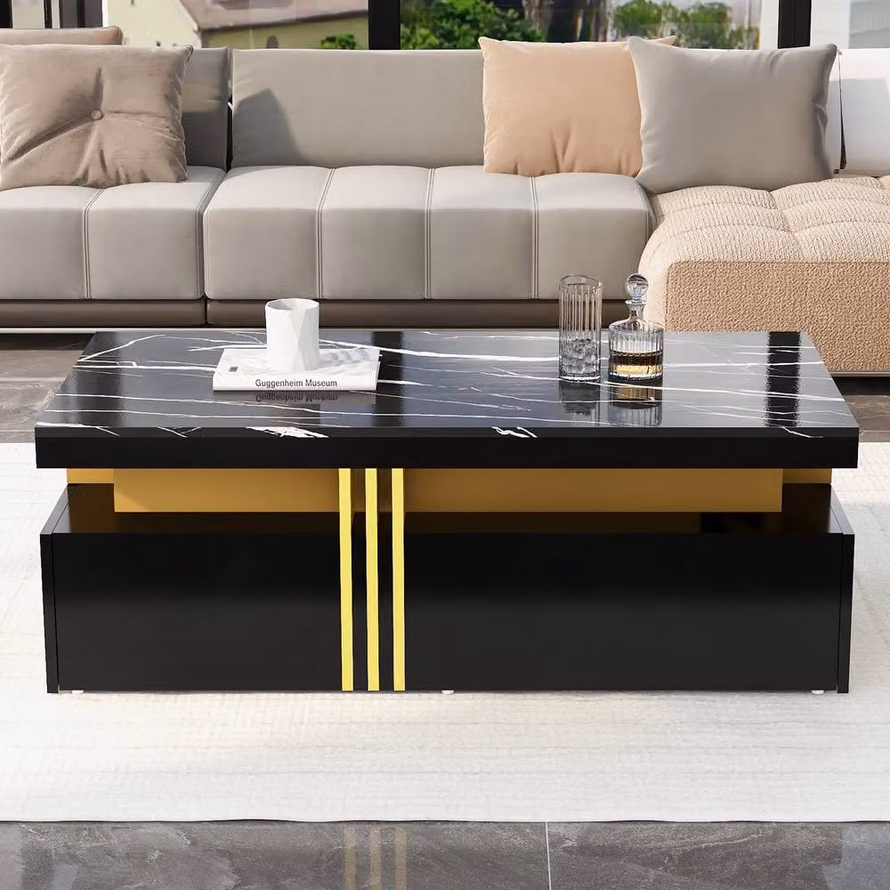STILVORA Modern Black Coffee Table with Marble Pattern Top and 2 Drawers, W/D/H: 100 x 50 x 40 cm – 3