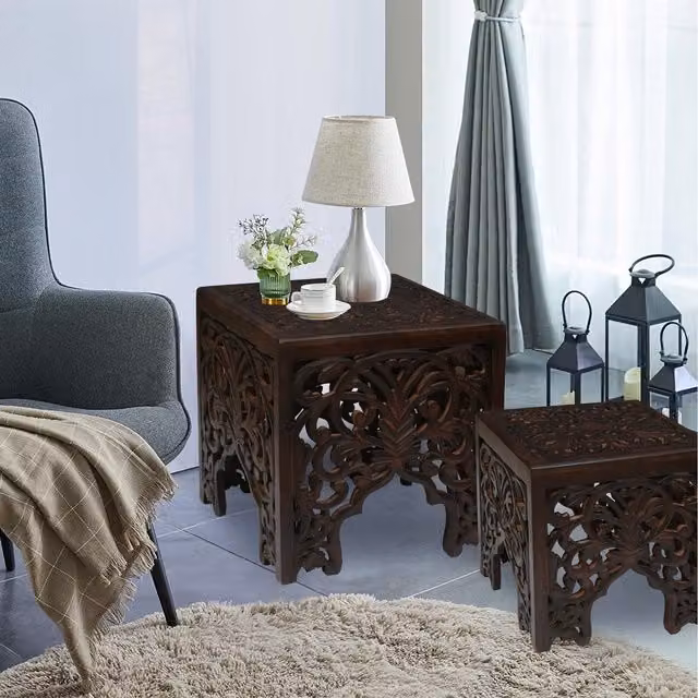 Topfurnishing Square Carved Wooden Side Coffee Table in Brown and Yellow, W/D/H: 40 x 40 x 40 cm
