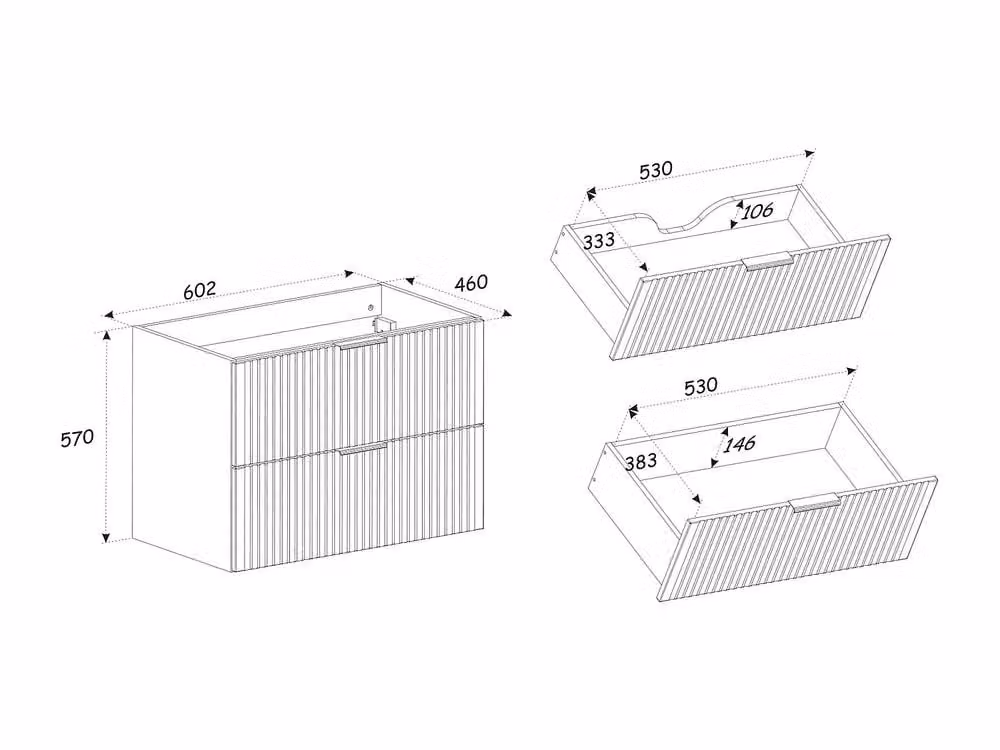 Vente-unique Striated Suspended Vanity Unit in Light Natural and Black, W: 60 cm, H: 46 cm, D: 57 cm – 3