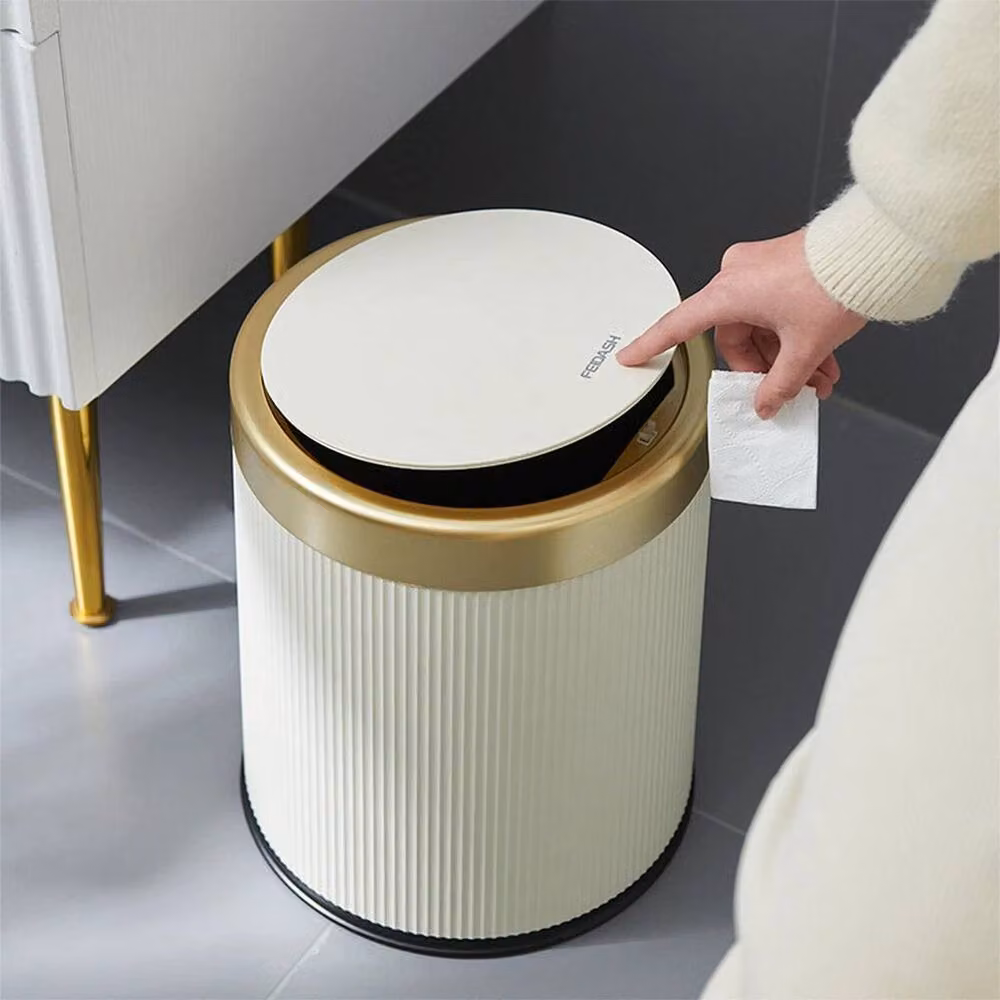 EONLION 12L Beige Plastic Bathroom Bin with Press Top Lid – 3