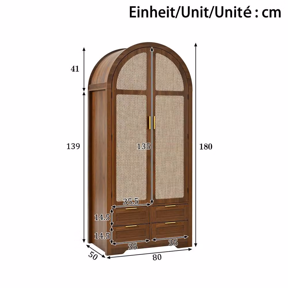 Merax Modern Walnut Double Wardrobe with Rattan Details, Internal Drawers and Hanging Rail, H 180 cm x W 100 cm x D 50 cm – 2