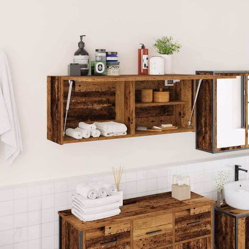 Berkfield Home Brown Old Wood Wall Mounted Bathroom Cabinet with Hinged Doors and Open Shelf, W: 100 cm, D: 25 cm, H: 40 cm – 2