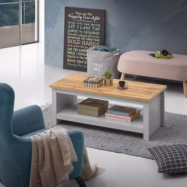 Timber Art Design Lisbon Coffee Table in Grey and Oak with Open Shelf Storage, W: 105 cm, D: 47 cm, H: 42 cm – 1