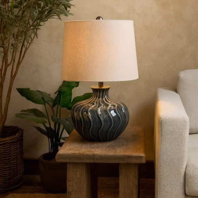 Wyld Haus Conques Ribbed Ceramic Table Lamp with Black Base and Beige Fabric Shade, H 51.0 cm x W 33.0 cm x D 33.0 cm
