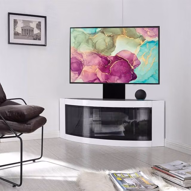 Centurion Supports PANGEA Tru-Corner Flat Screen 32-55 inch TV Cabinet with Mounting Arm in Black, White or Multicolour – 1