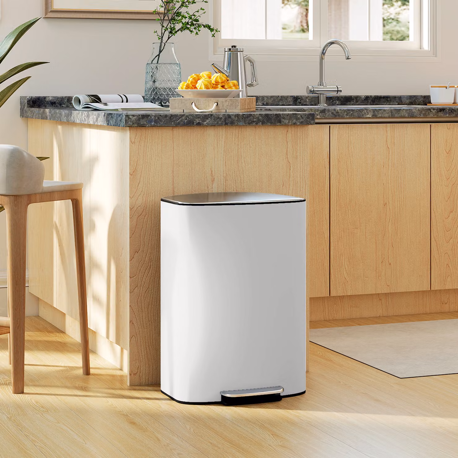 HOMCOM 50L Stainless Steel Pedal Kitchen Bin with Soft-Close Lid and Removable Inner Bucket, Cream – 4