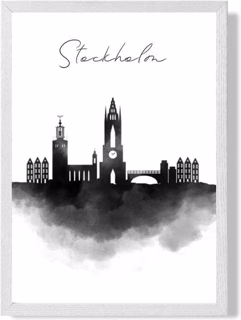 ARTZE Stockholm Watercolour Skyline City Framed Print in Black and White