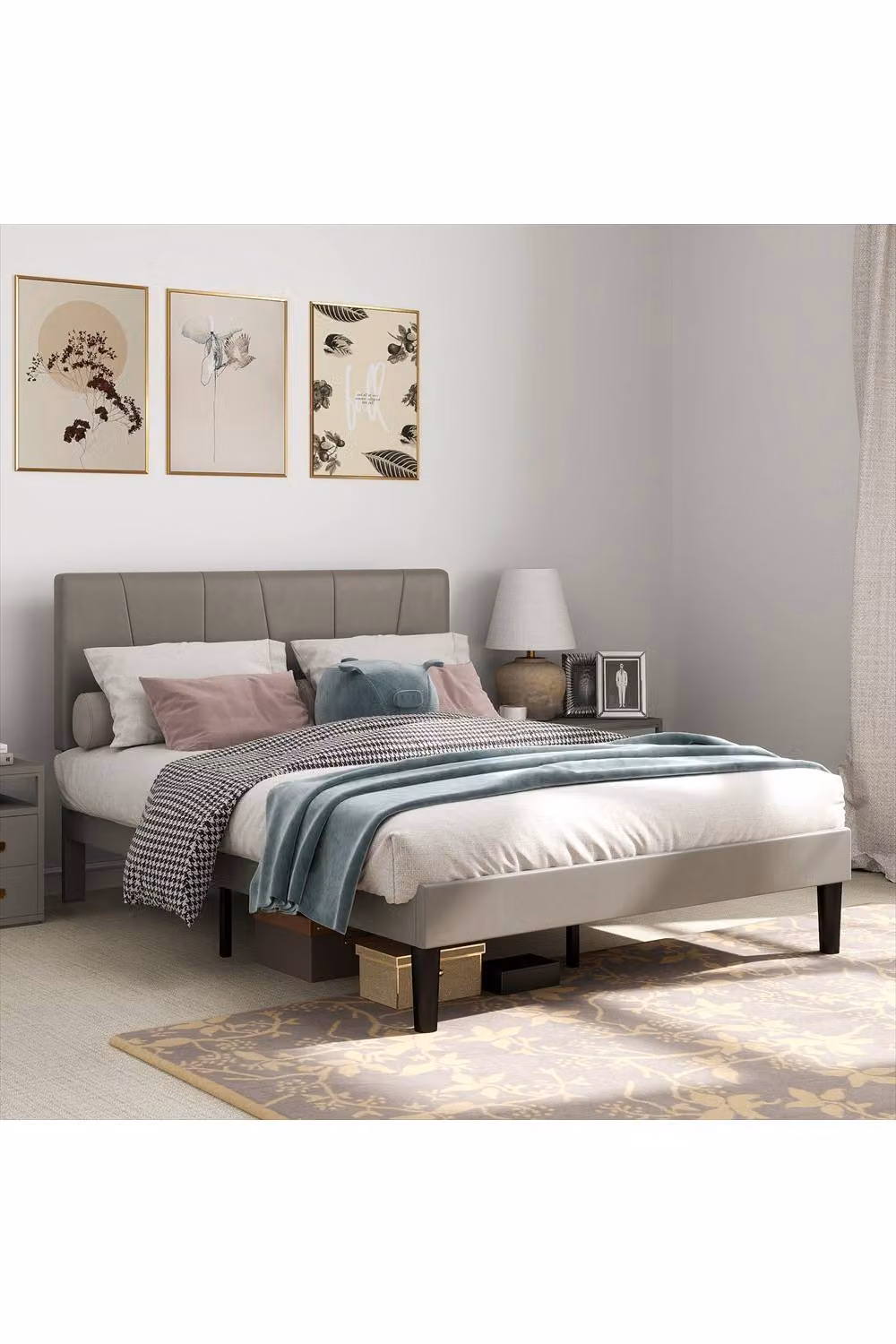 ERGOVEXA Grey Velvet Upholstered Double Bed Frame, W/D/H: 140 x 190 x 145 cm – 2