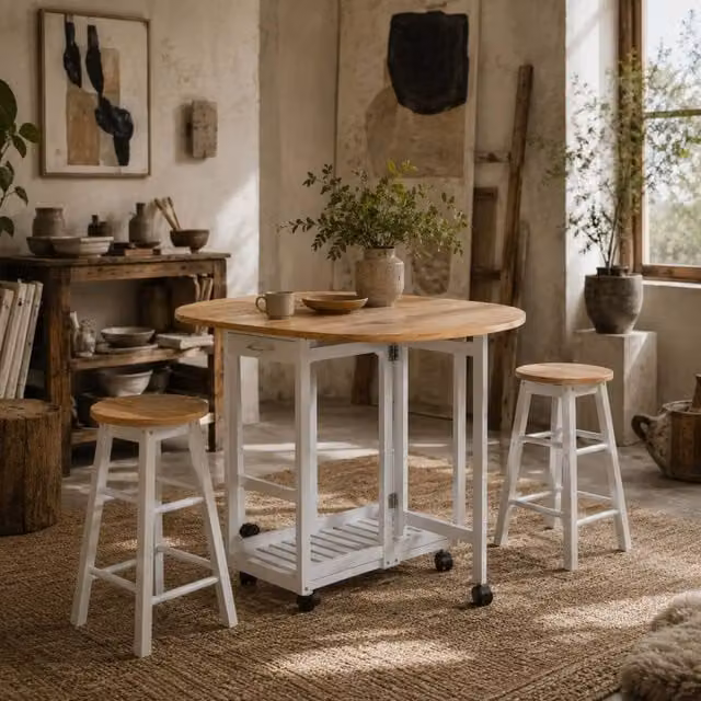 Wyld Haus Rasola White Drop Leaf Mobile Dining Table with 2 Stools, Drawers and Shelf
