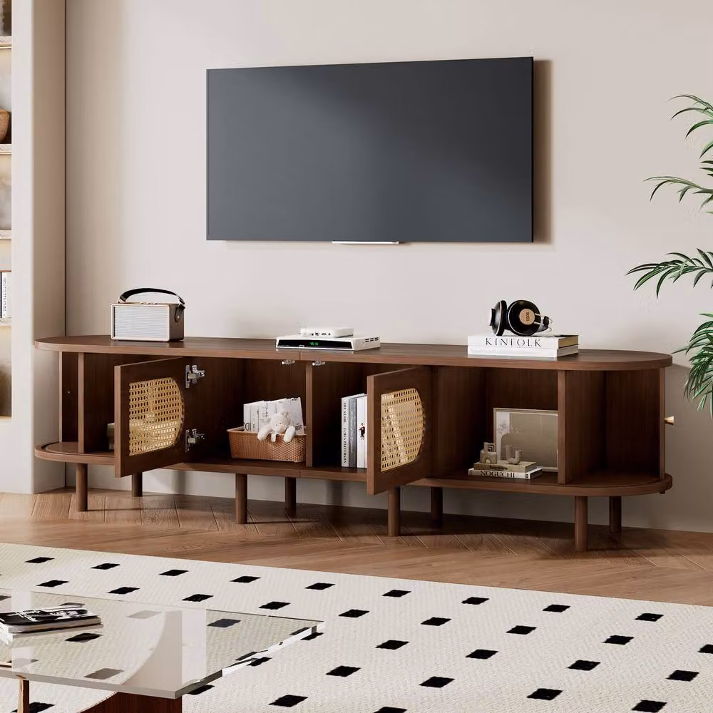 Matteo Dark Walnut Oval TV Stand with Rattan Doors and Brown MDF Media Cabinet – 2