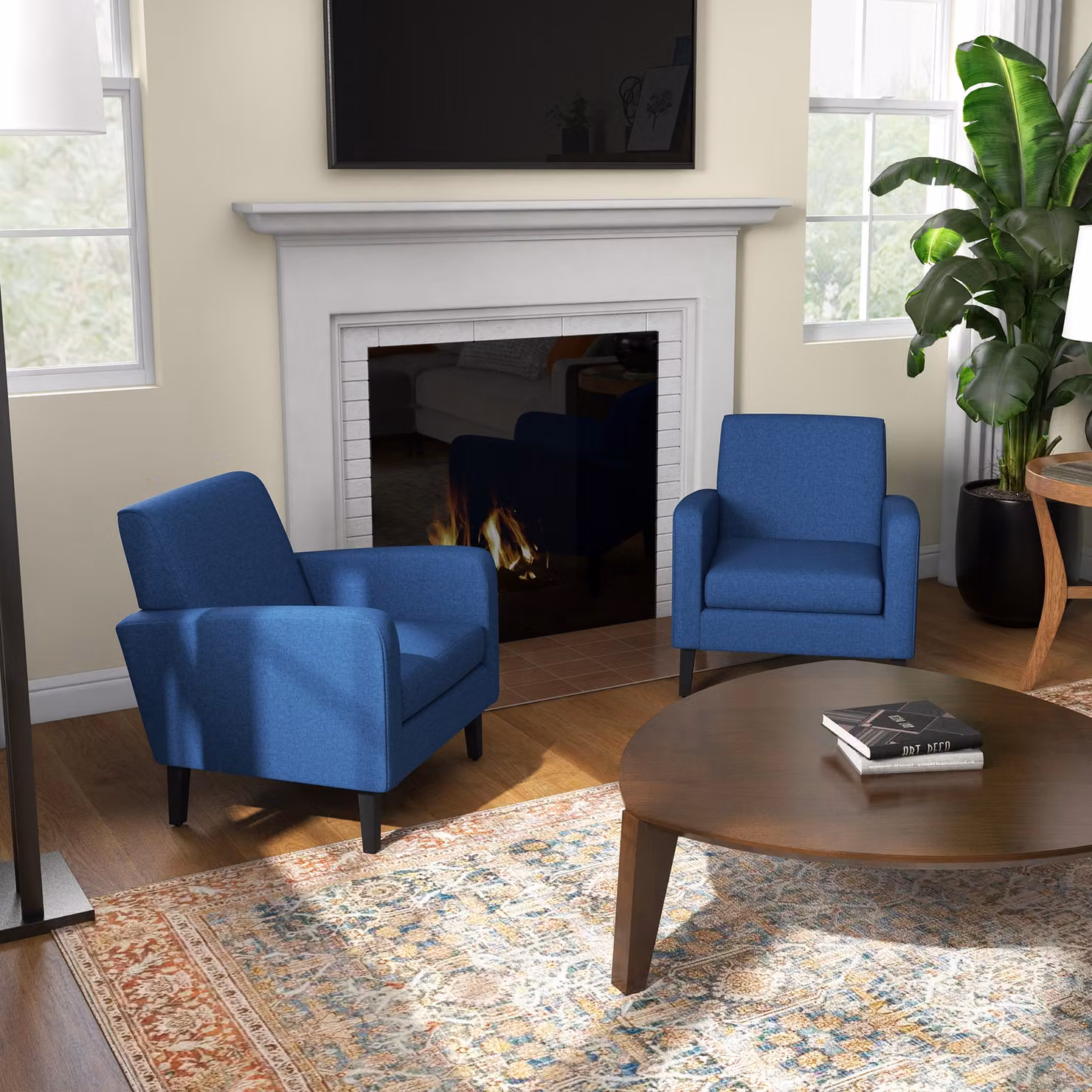 HOMCOM Set of 2 Modern Blue Upholstered Accent Armchairs with Rubberwood Legs – 2