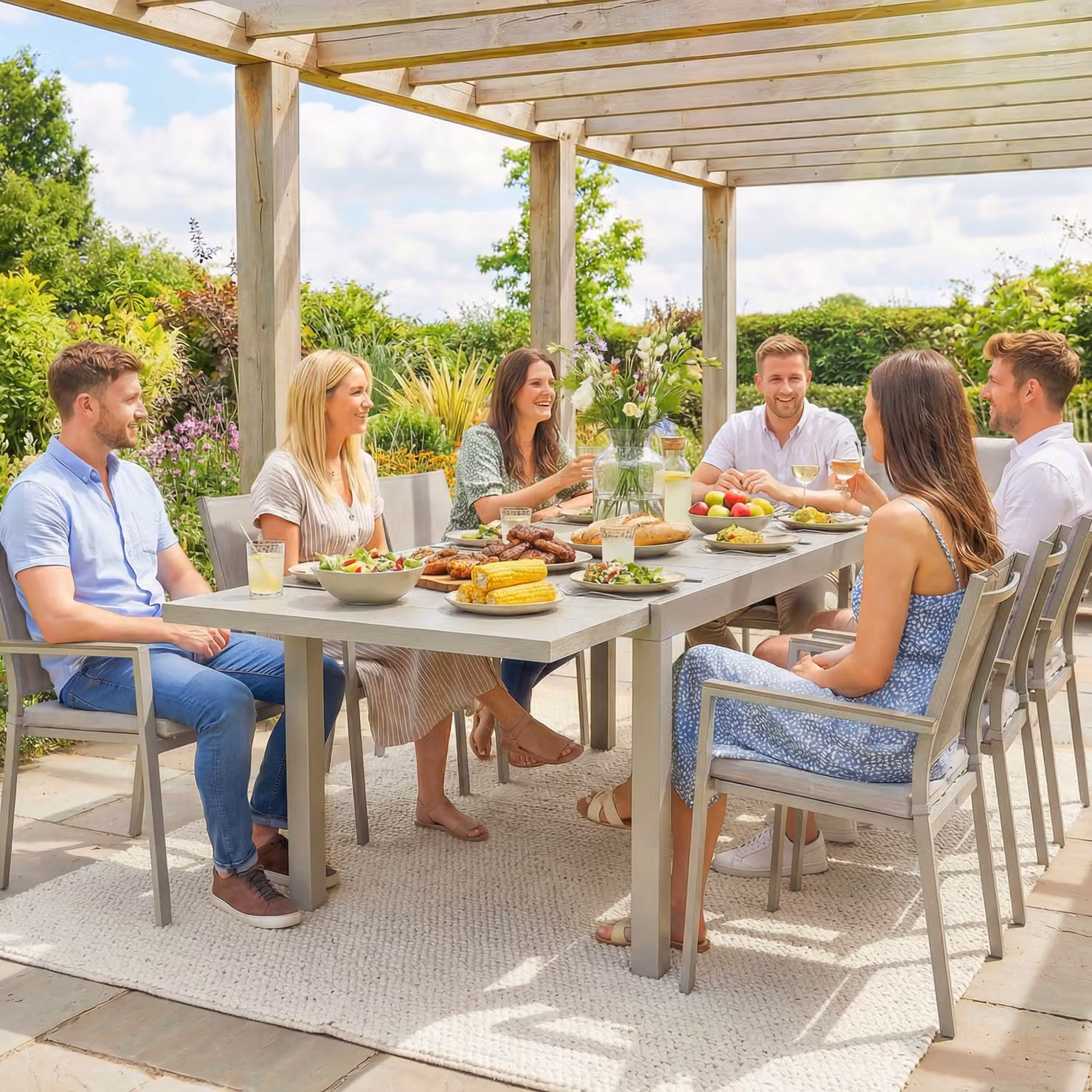 Outsunny Extending Rectangular Garden Dining Table in Light Grey Wood Effect with Aluminium and Steel Frame – 6