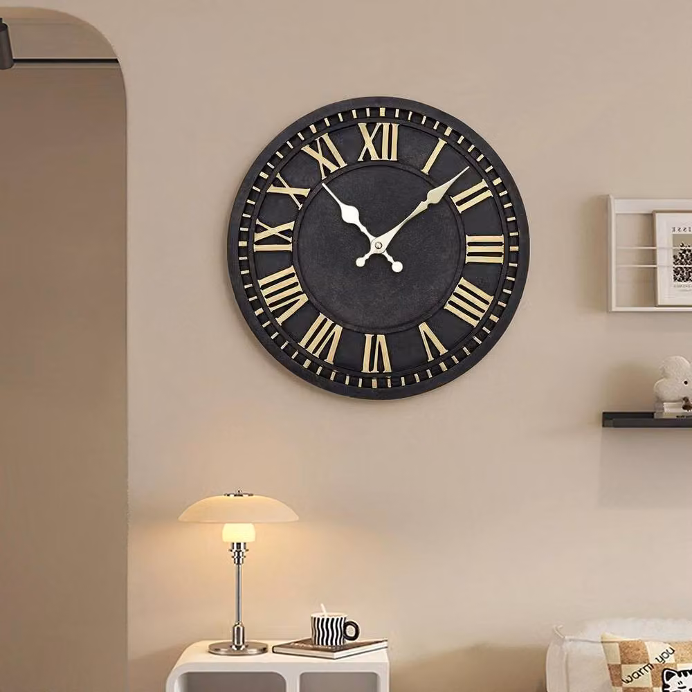 Kelvenix Large Retro Round Roman Numerals Wall Clock in Black and Gold – 3