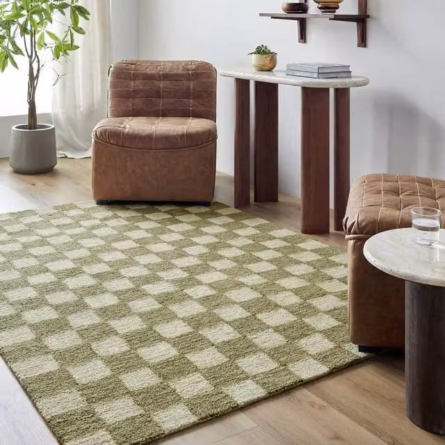 Livabliss Klopp Hand Tufted Wool Checkered Living and Bedroom Rug in Grey, Green and Beige, W: 185 cm, L: 275 cm