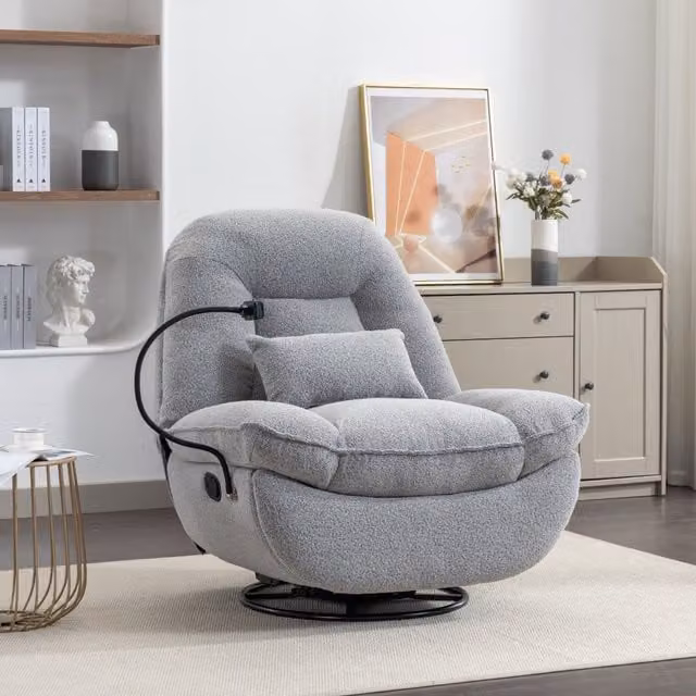 Artemis Home Fallon Boucle Fabric Swivel Recliner Chair with Phone Holder in Light Grey
