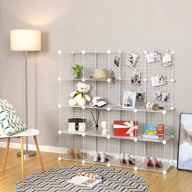 SONGMICS 16 Cube Metal Wire Modular Shelving Organiser in White