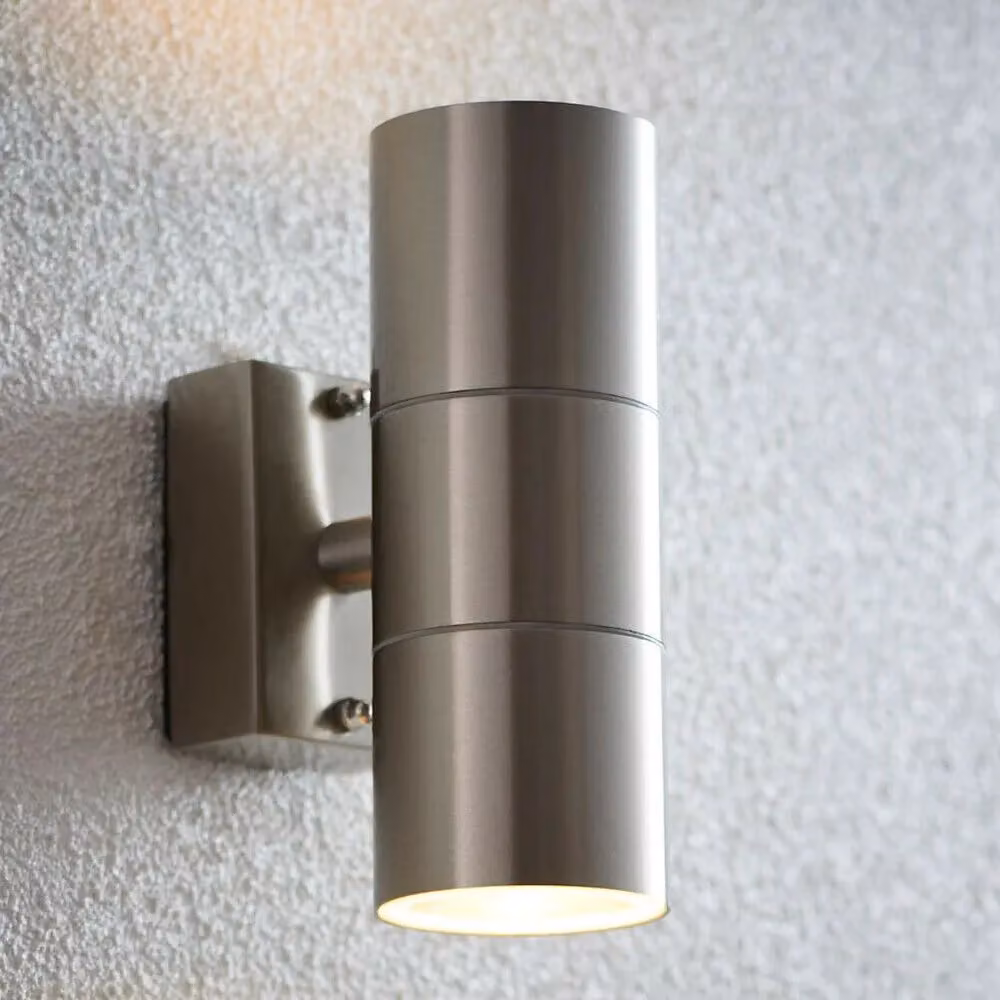 Loops IP44 Outdoor Up & Down Wall Accent Lamp in Silver Stainless Steel with 2x GU10 LED Bulbs – 3