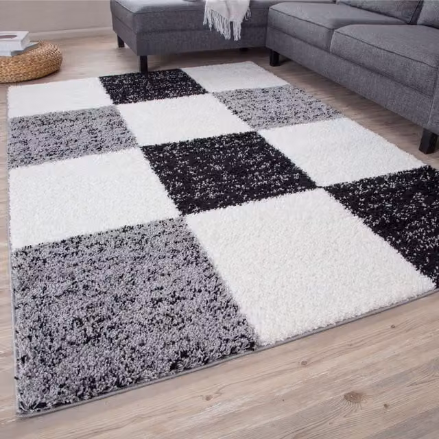 THE RUGS Soft Check High Pile Shaggy Grey Checked Rug, W/D/H: 120 x 170 cm