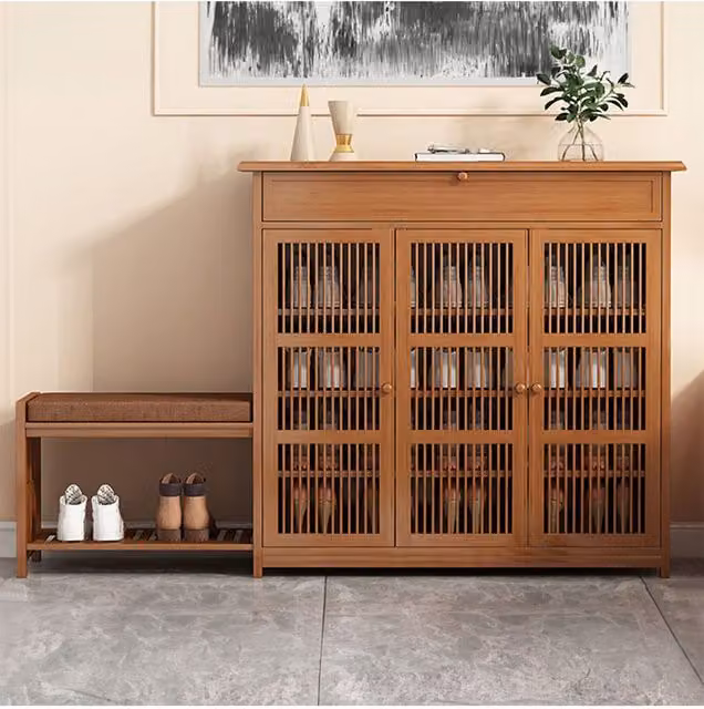 Living and Home Bamboo Entryway Shoe Cabinet with Bench in Brown – 1
