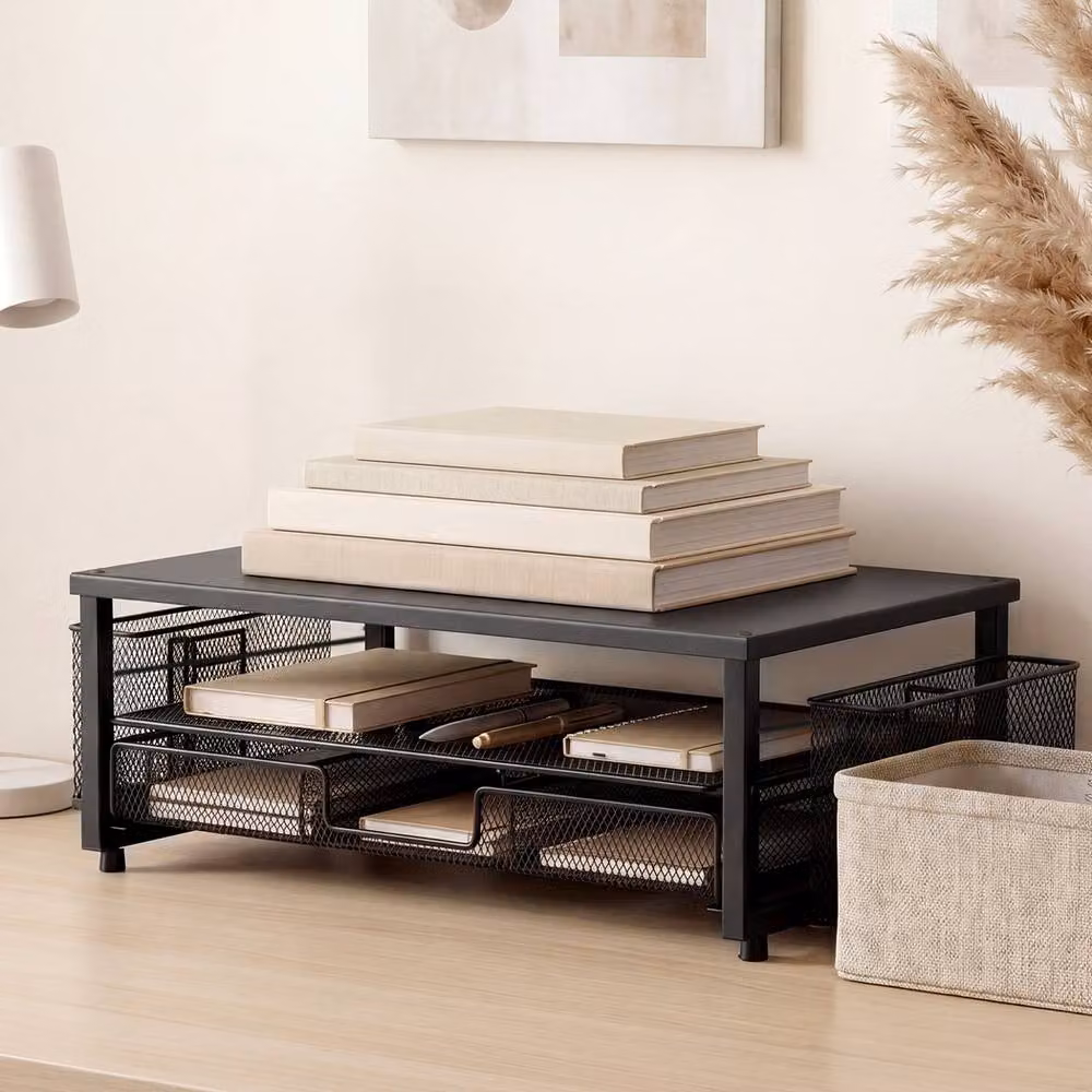 Levede Metal Monitor Riser Desk Organiser with Drawer, Black – 2