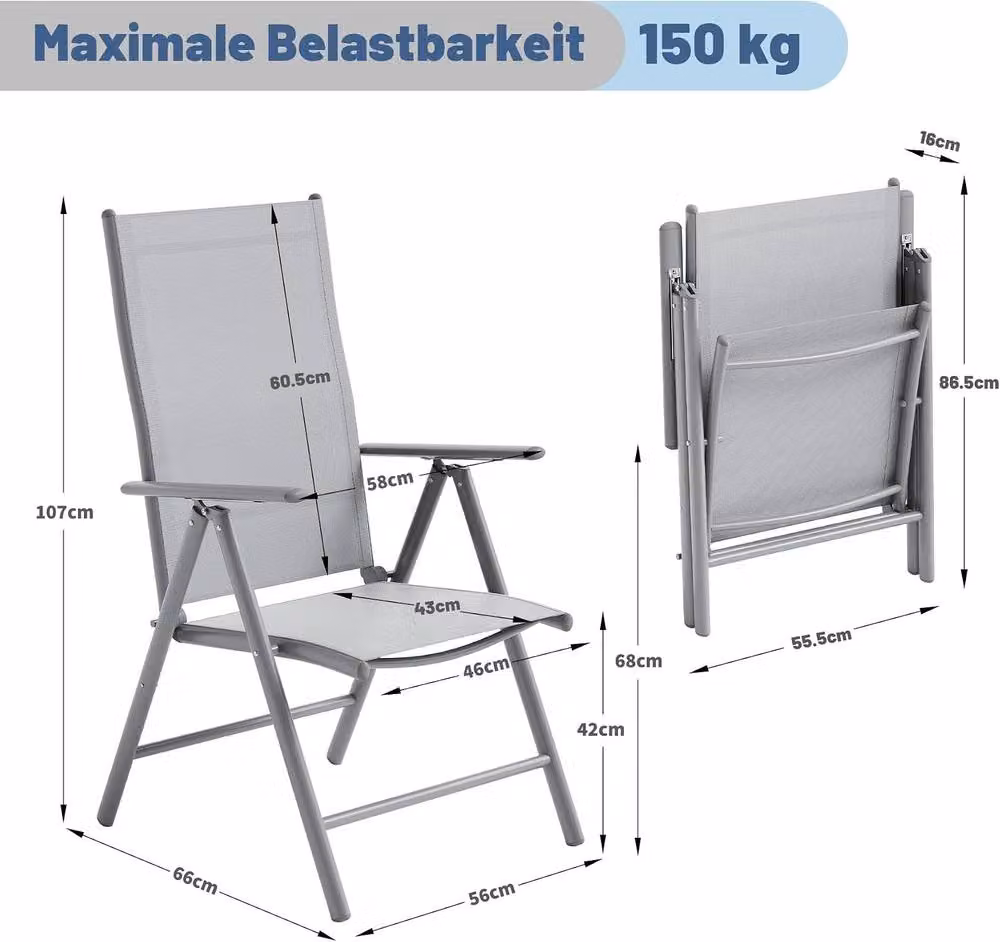 London Boutique 2-Piece Reclining Folding Patio Sun Loungers in Silver and Grey with 8-Position Adjustable Headrests and Armrests – 3