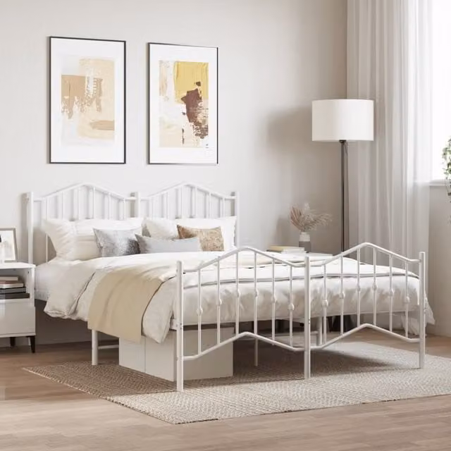 Berkfield Home Metal Double Bed Frame with Headboard and Footboard in White, W: 135 cm, L: 190 cm – 1