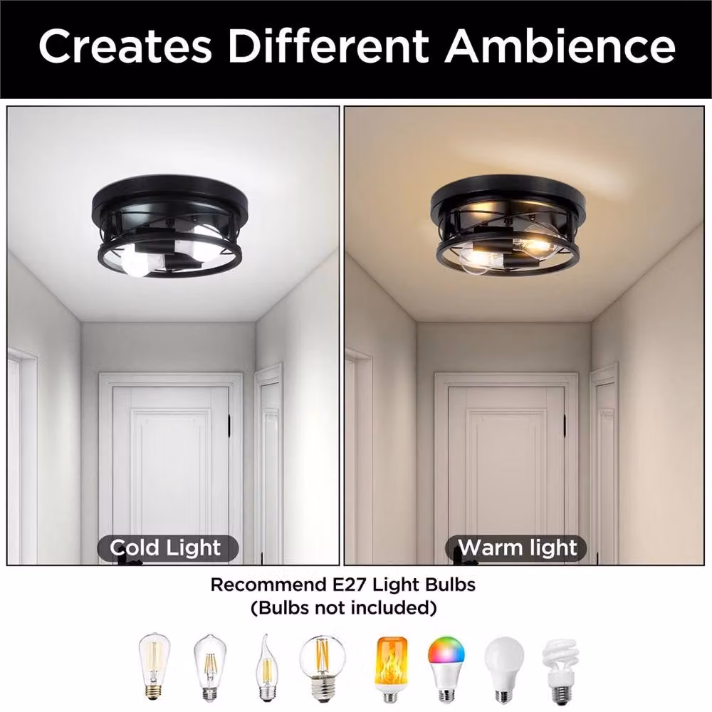 SPETLEK Black Round E27 Flush Ceiling Light for Living Room, Bathroom or Kitchen – 5