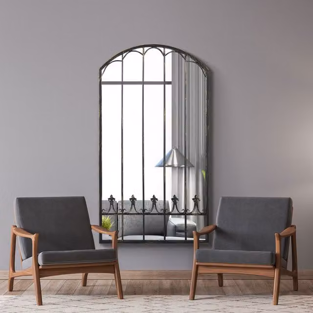 MirrorOutlet Large Black Metal Arch Shaped Window Effect Wall Mirror