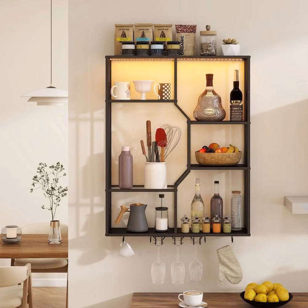 FORGEVIO Wall Mounted Metal Wine Rack with RGB LED Lighting in Matt Black, Width: 50 cm – 5