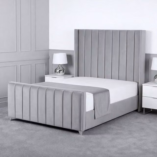 Living Comfort Bedz Imperial Winged Gas Lift Storage Upholstered Velvet Bed in Grey, King Size (180 x 200 cm)