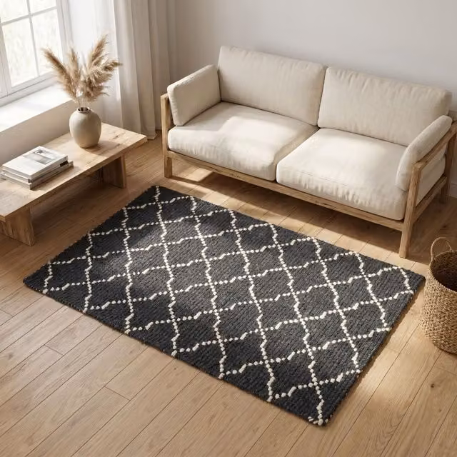 Orsina Grey and White Woven Diamond Pattern Rectangular Wool and Cotton Rug – 2