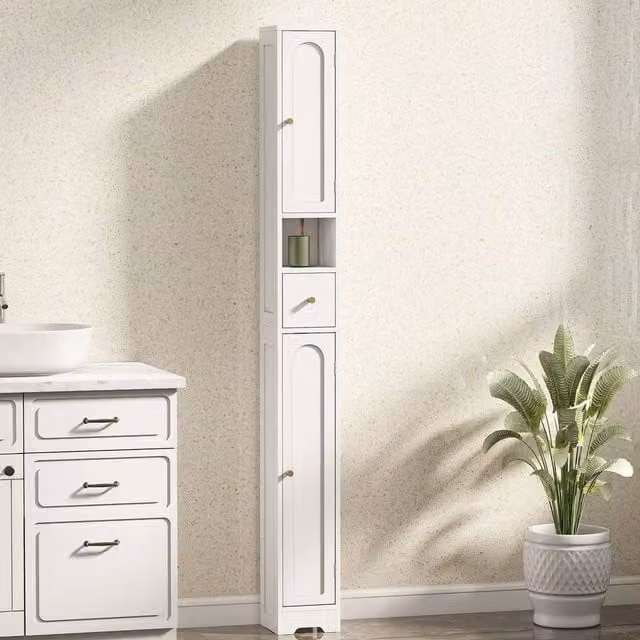 EONLION Narrow White Freestanding Bathroom Cabinet with Hinged Doors and Open Shelf, Height: 185 cm, Width: 20 cm, Depth: 20 cm