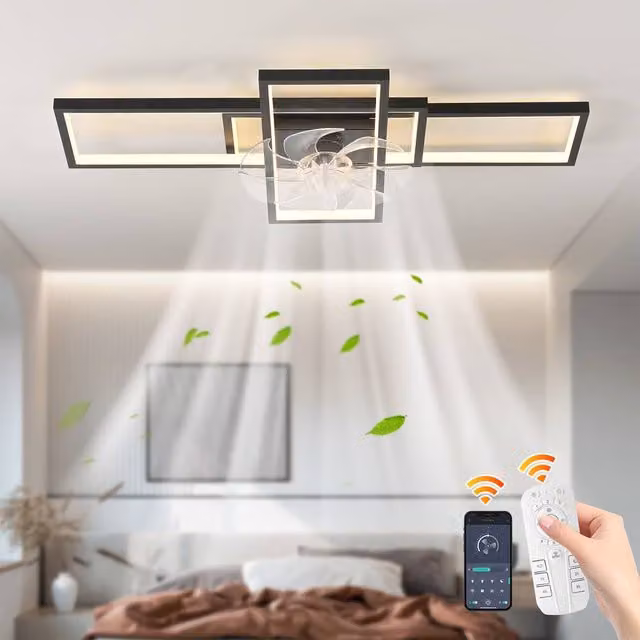 NIVOR Dimmable LED Ceiling Fan with 3 Lights, 6-Speed Flush Mount with Remote Control, Black