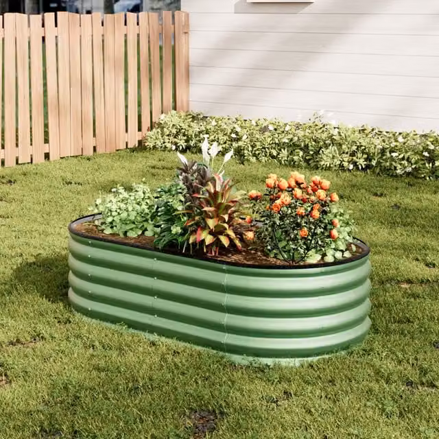 Lifeideas Oval Steel Raised Flower Bed with Support Rod in Green