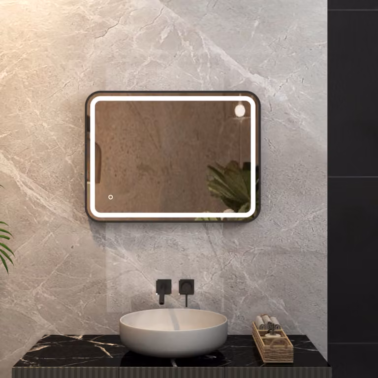 Royal Bathrooms Luna Matt Black Frontlit LED Framed Illuminated Mirror with Demister Pad and Touch Sensor W: 50 cm, H: 70 cm