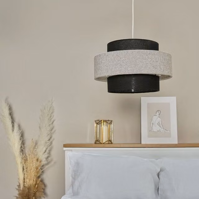 ValueLights Weaver Pair of Grey and Black Fabric Cylinder Ceiling Pendant Shades