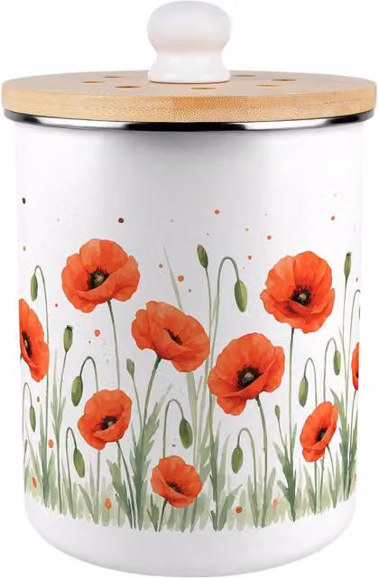 Purely Home Red Poppy Fields Metal Kitchen Compost Bin with Flip Lid, 2L, Red and White