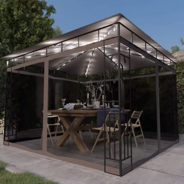 Berkfield Home Gazebo with Mosquito Net and LED String Lights, Beige, W: 300 cm, D: 300 cm, H: 273 cm – 1