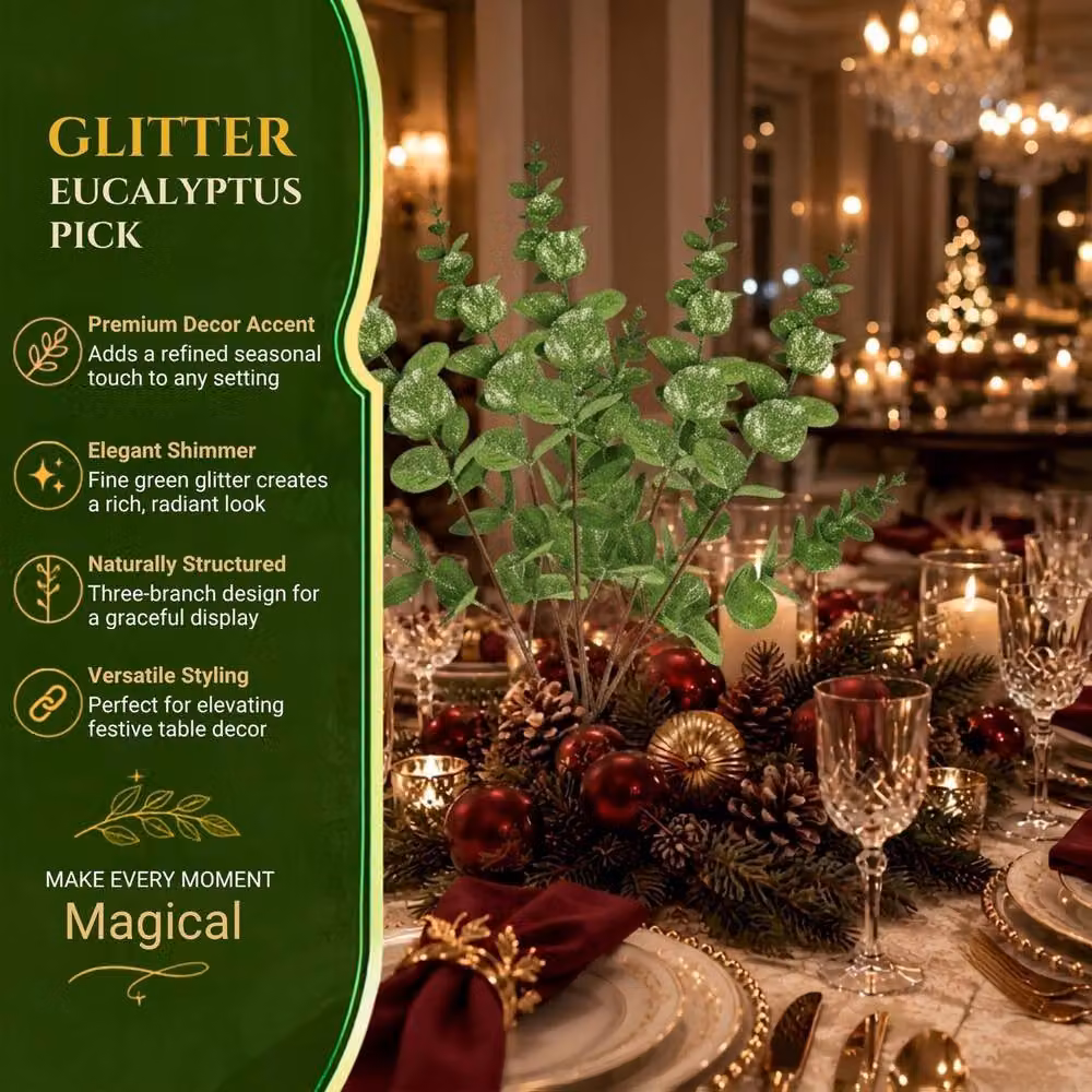 Shatchi Green Glitter Artificial Eucalyptus Christmas Tree Picks, 6 Pack, Height: 55 cm – 7