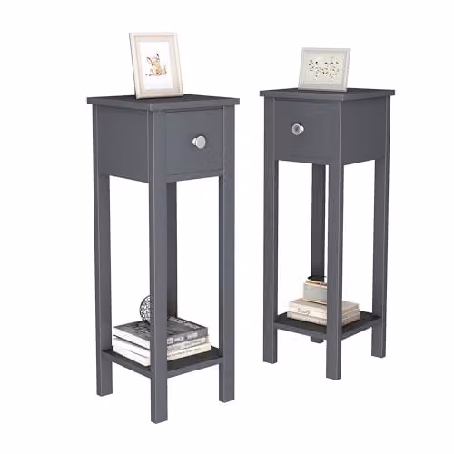 Amelia by MCC Set of 2 Slim Solid Wooden Bedside Tables in Grey with Open Shelf and Drawer