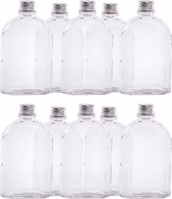 Pukkr Set of 10 Transparent Glass Flask Bottles with Screw Lids, 350ml